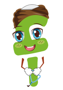 Karikatuur van een glimlachend klein kind genaamd Alf, gekleed in een traditionele imaama, met een gebedsnoer in de hand, terwijl hij met een rustige uitdrukking over de Islam leert