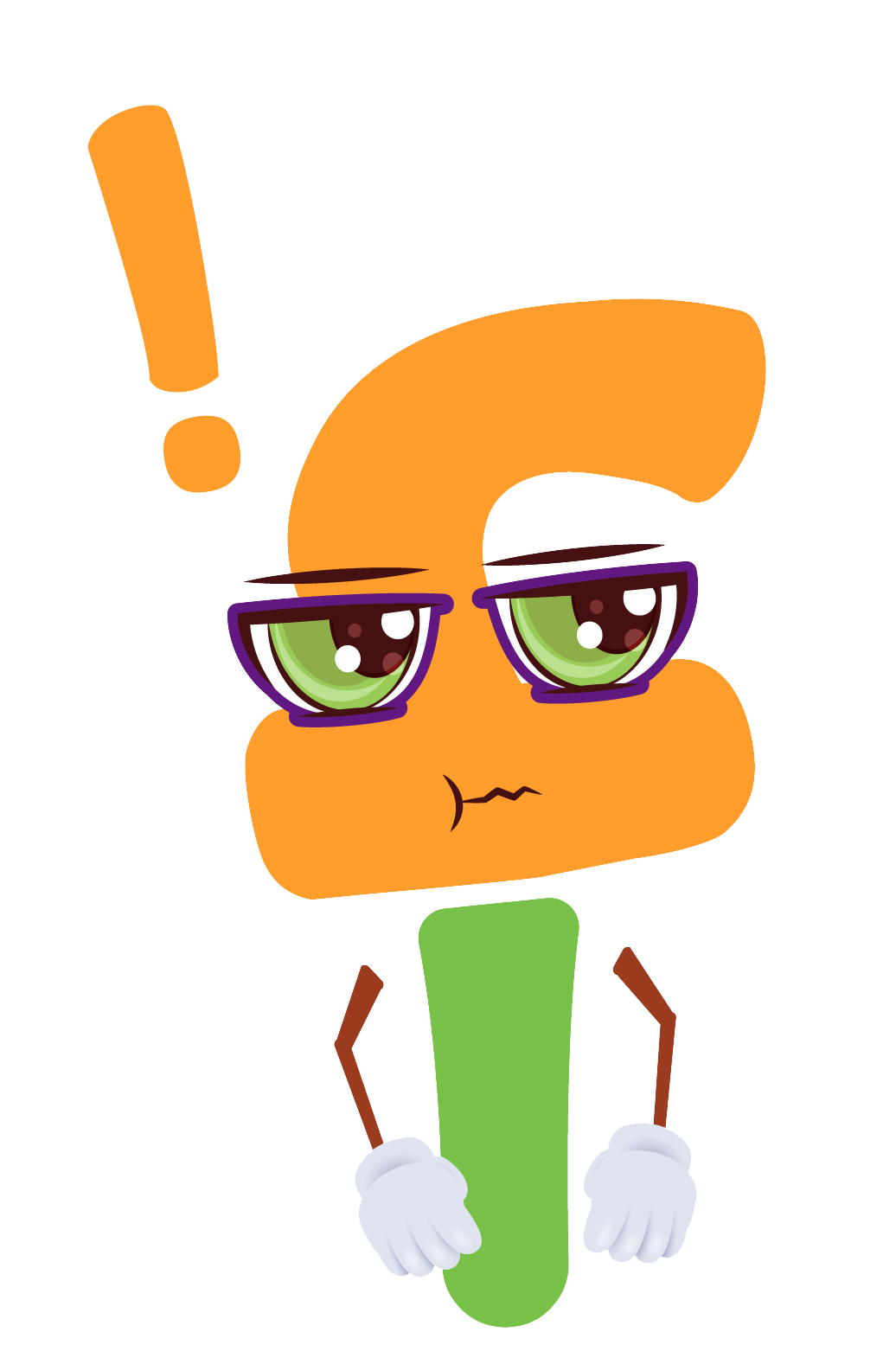 Karikatuur van Alef, met een boos oranje hoofd en een oranje uitroepteken, die serieuze leerhouding en negatieve feedback op fouten tijdens het leren uitbeeldt