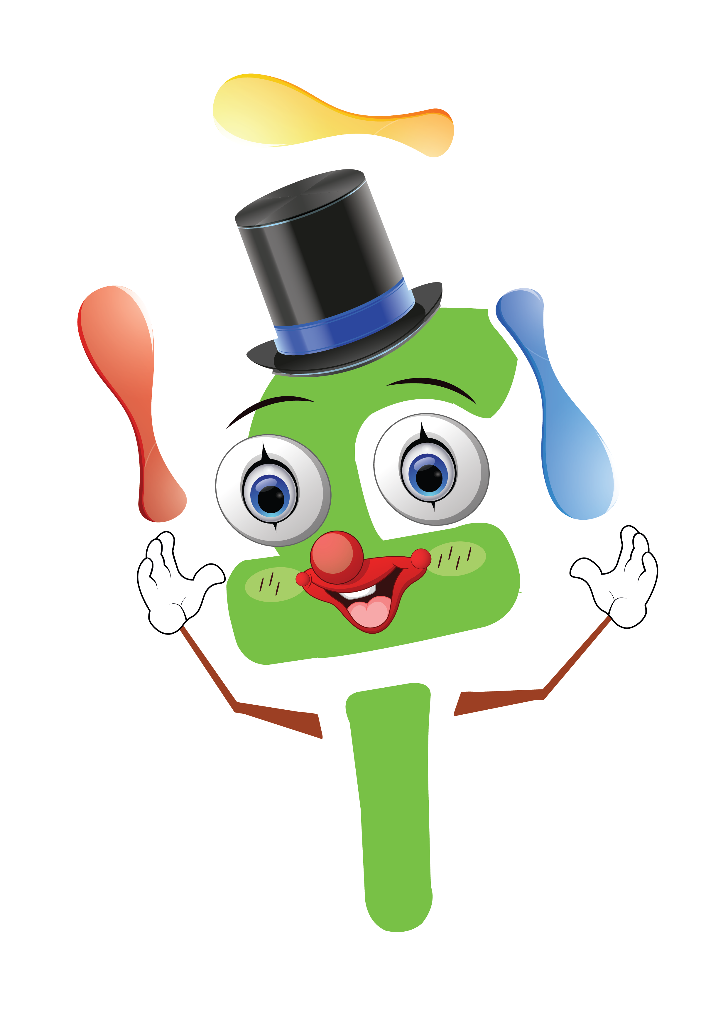 Karikatuur van Alef als kleurrijke clown met een clowns hoed, die vrolijk hoepels draait, symboliserend plezier, spel en leren tegelijk