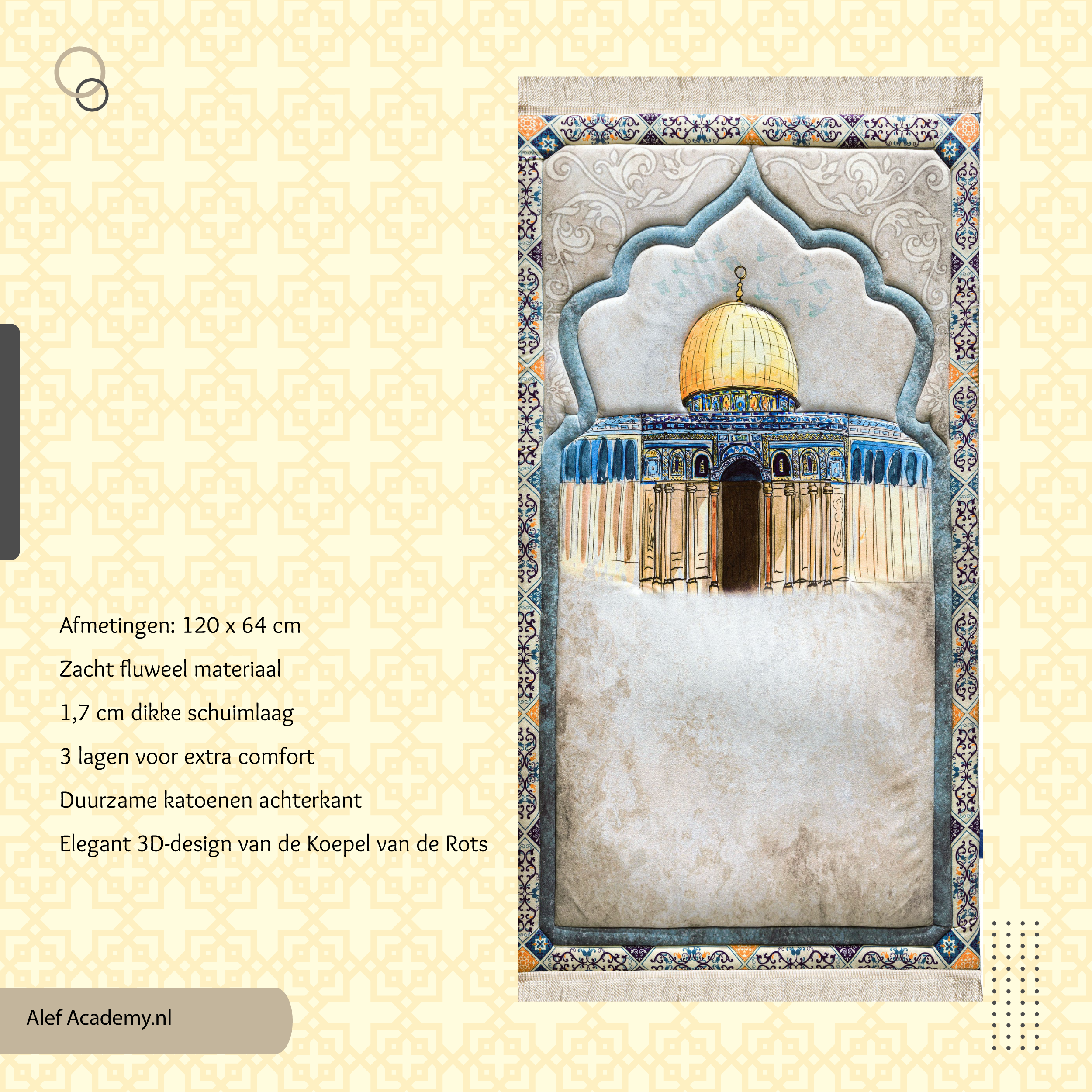 Premium gebedskleed Al-Quds met Koepel van de Rots design – zacht fluweel, 1,7 cm schuimlaag, katoenen achterkant.
