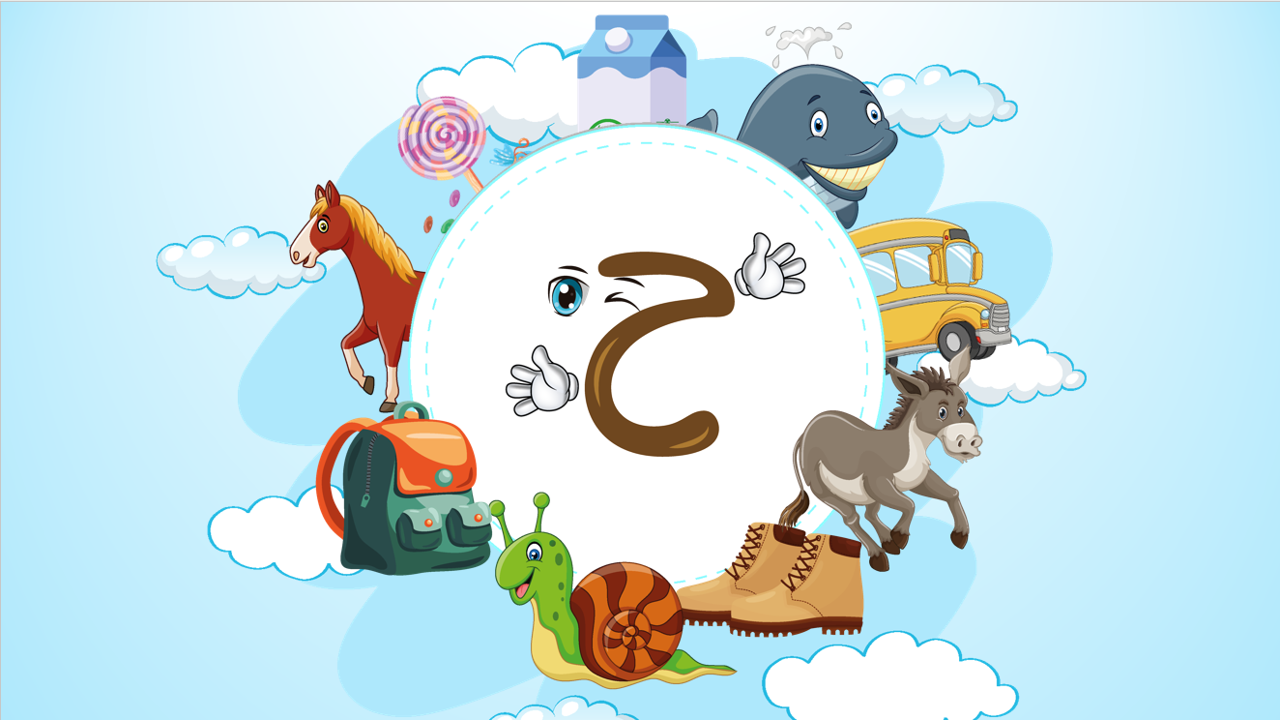 Een vrolijke cartoonillustratie van de Arabische letter ح omringd door plaatjes en woorden zoals Hout en Habl. Een visuele gids voor moeders die zich afvragen: waarom is letter haa moeilijk?