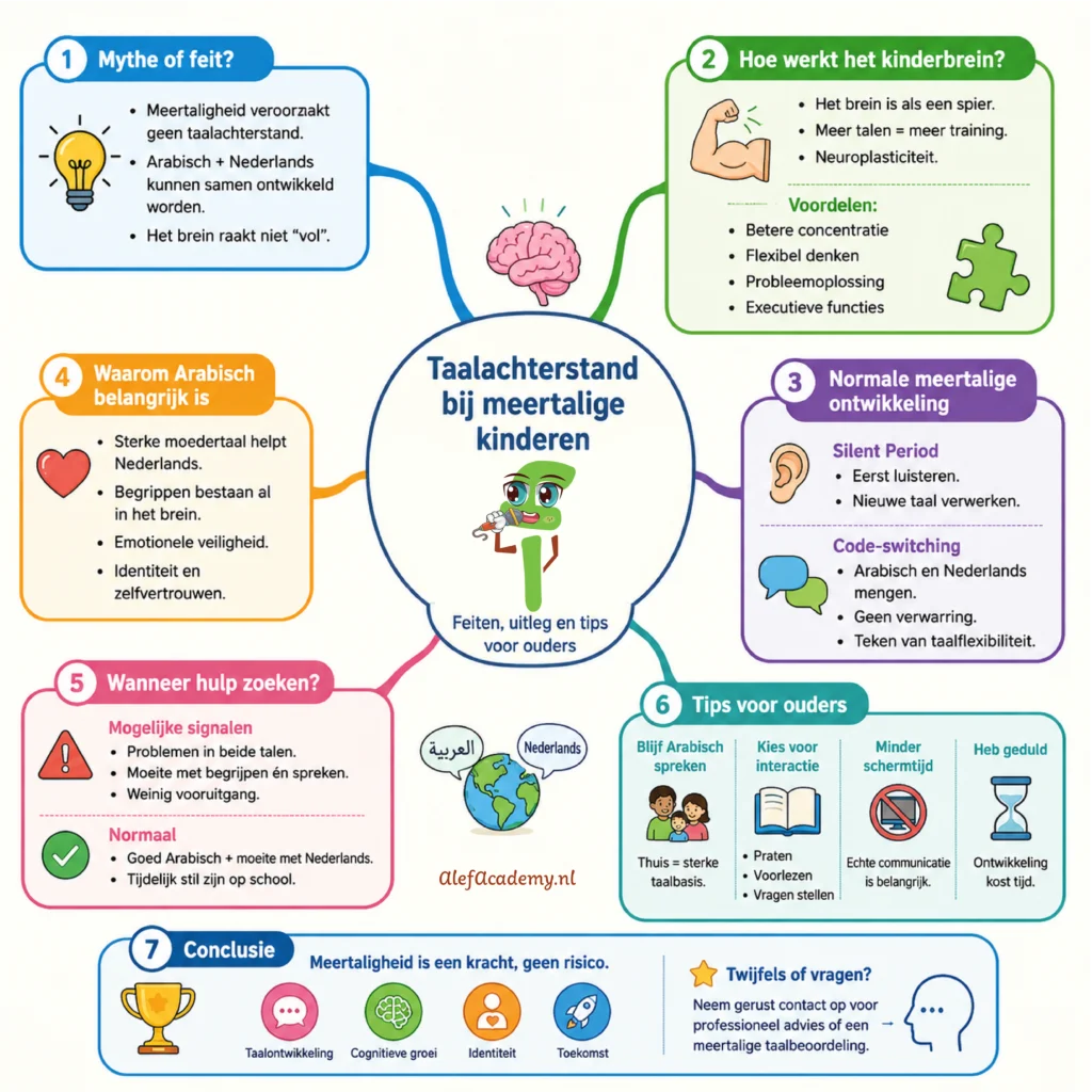 Mindmap over taalachterstand bij meertalige kinderen met uitleg over mythen en feiten, hersenontwikkeling, meertaligheid, code-switching, en praktische tips voor ouders over Arabisch en Nederlands opvoeden.