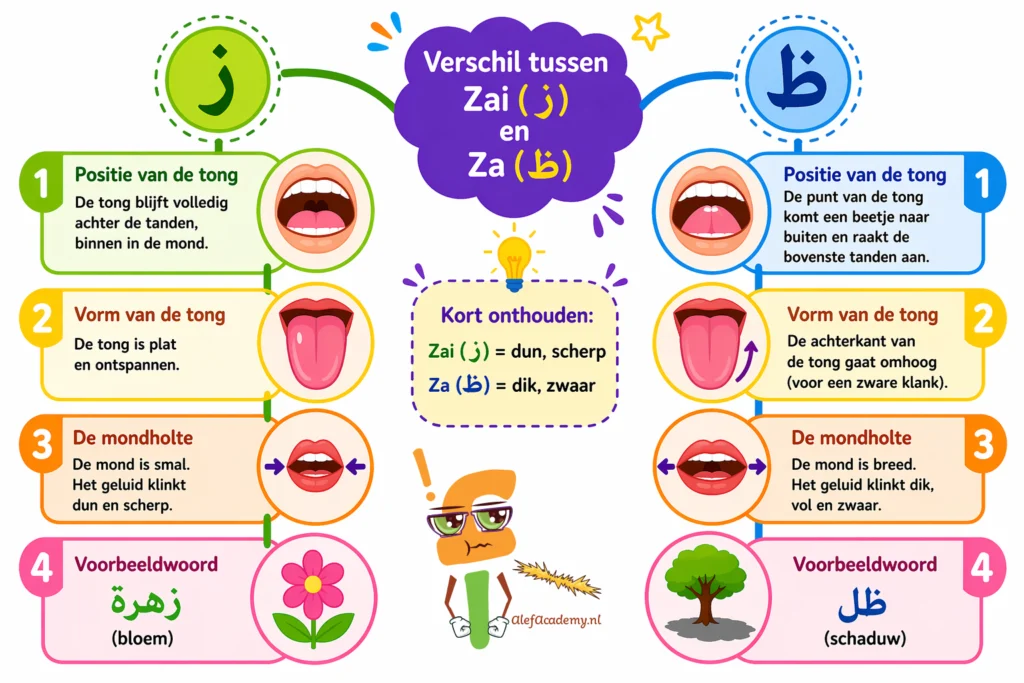 Een educatieve infographic die de mondbeweging vergelijkt: de tongpunt die de tanden raakt voor de Dhaa (ظ) versus de tong die binnen de mond blijft voor de Zay (ز).