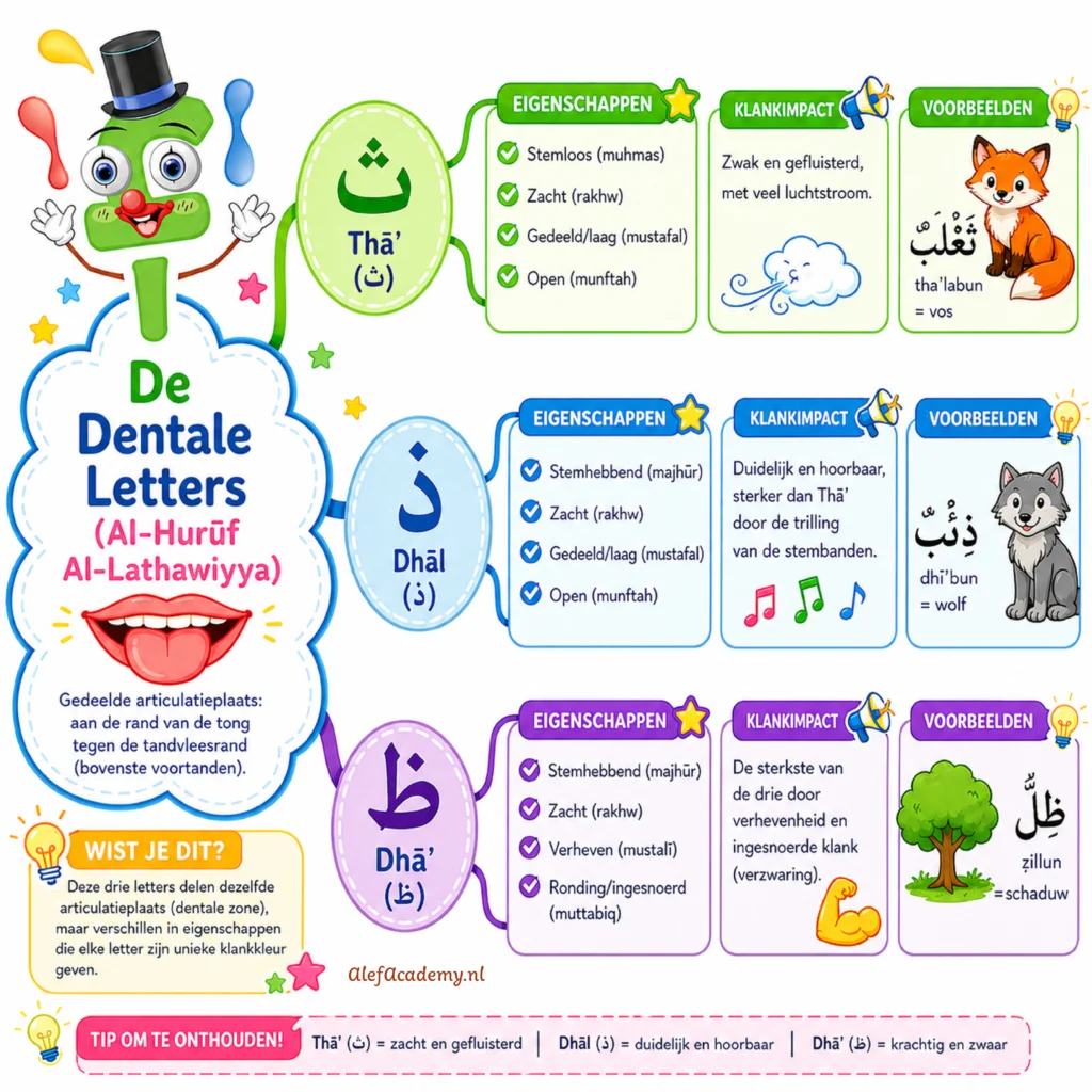 Mindmap van Arabische letters ث ذ ظ met uitleg van uitspraak en klankeigenschappen voor kinderen in Nederland