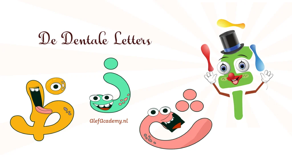 Illustratie van Arabische letters ث ذ ظ met voorbeelden en tashkiel voor het oefenen van correcte uitspraak bij kinderen