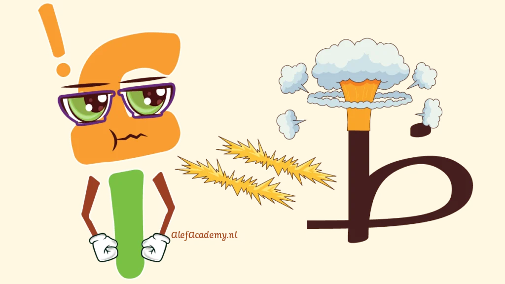 Een grappig cartoonpersonage van de letter Aleph die er boos uitziet en veel energie verbruikt, om de kracht te visualiseren die nodig is voor de emfatische uitspraak van de Dhaa (ظ).