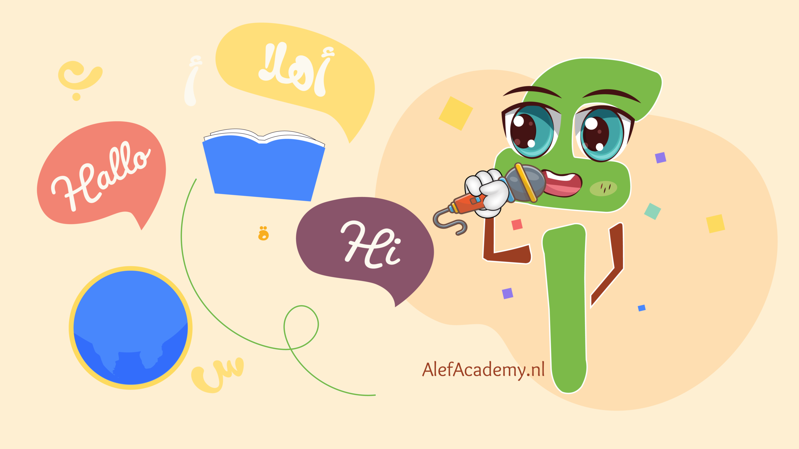 "Illustratie van een zelfverzekerde logopedist met een microfoon, omringd door Arabische en Nederlandse woorden zoals Taal, Identiteit, Toekomst en Ontwikkeling. De afbeelding symboliseert meertalige opvoeding en de harmonie tussen het Arabisch en Nederlands bij kinderen in Nederland."