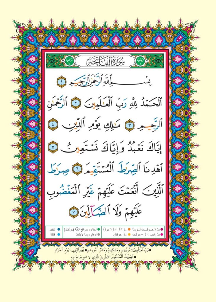 Voorbeeld van Surah Al-Fatiha in een kleurgecodeerde Tajweed Koran voor kinderen om visueel te leren.