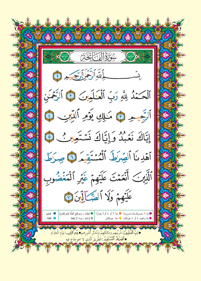 Voorbeeld van Surah Al-Fatiha in een kleurgecodeerde Tajweed Koran voor kinderen om visueel te leren.