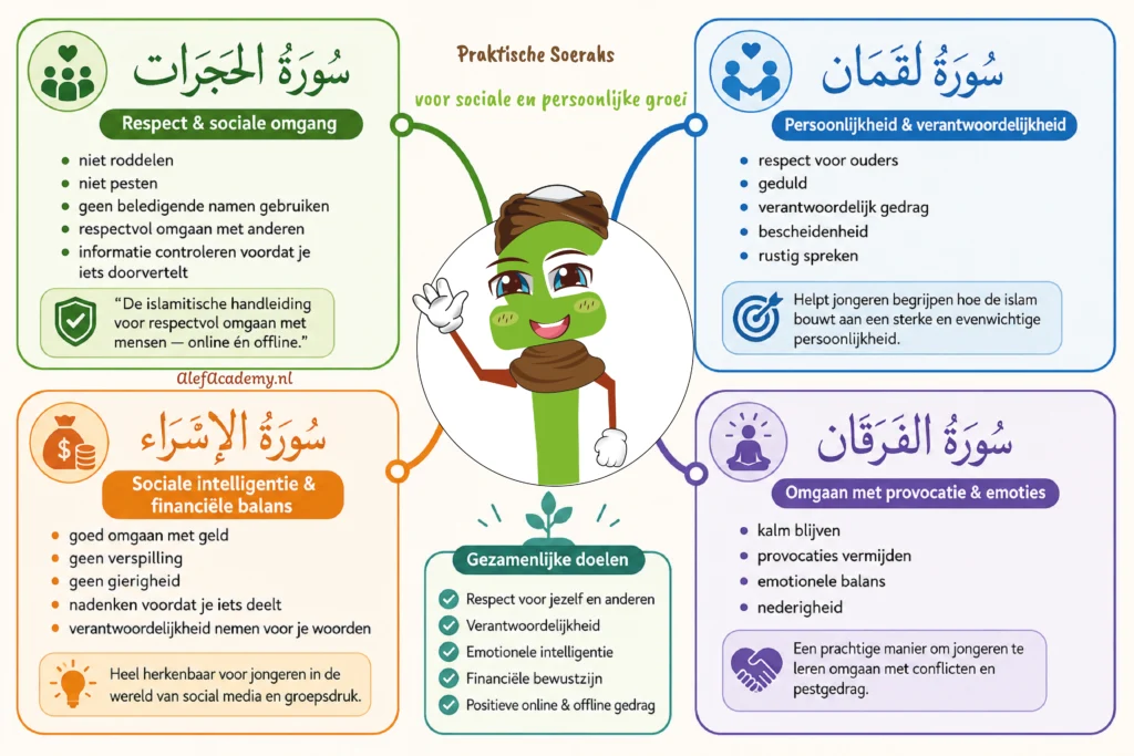 “Mentale kaart over Koran memoriseren kinderen met praktische soerahs voor respect, verantwoordelijkheid, emotionele balans en positief sociaal gedrag.”
