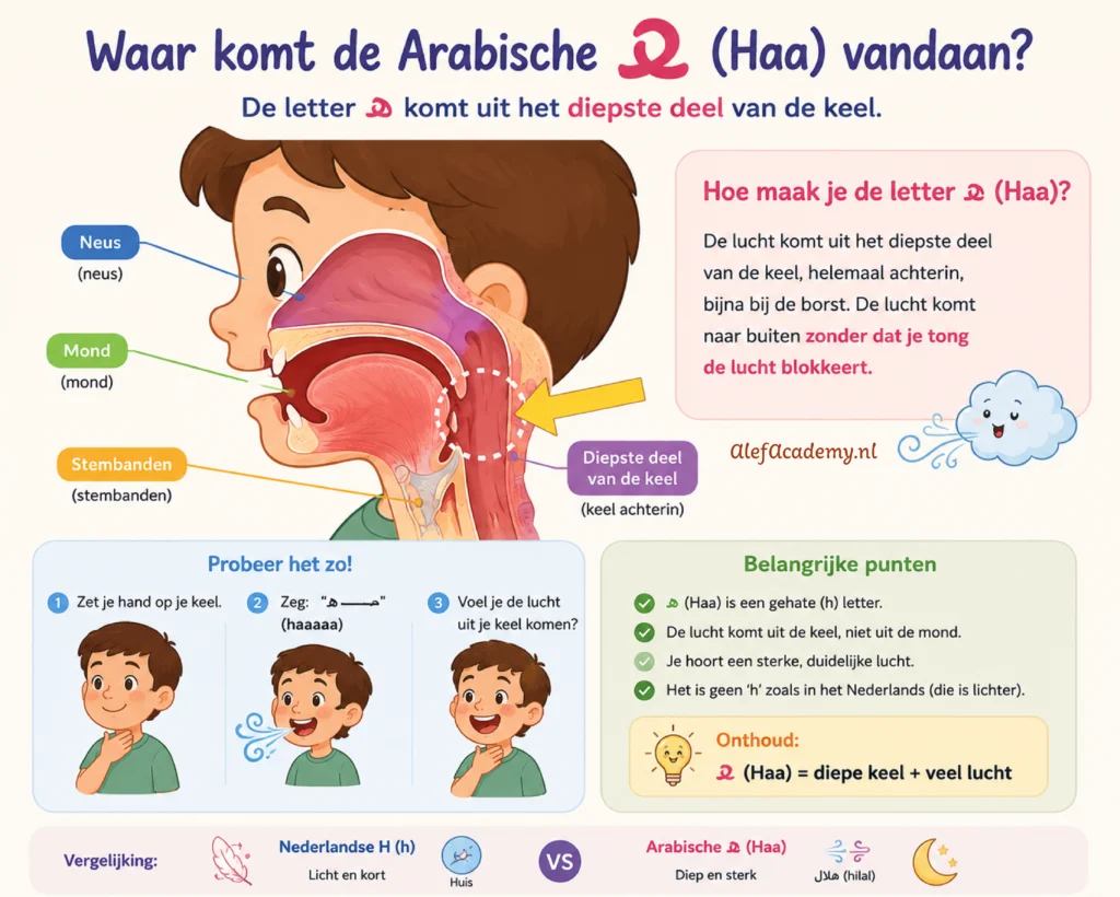 Illustratie van de keel die de diepe articulatieplaats (makhraj) van de Arabische letter He (هـ) in het diepste deel van de keel laat zien.