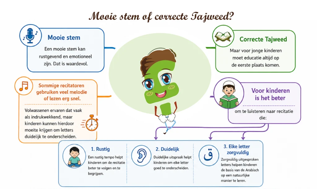 Een mindmap over uitspraak versus stem bij het Koran leren lezen voor een kind, met focus op Tajweed en Arabische letters