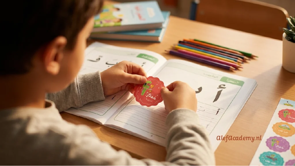 Kind plakt een educatieve sticker van Alef Academy in een Arabisch schrift